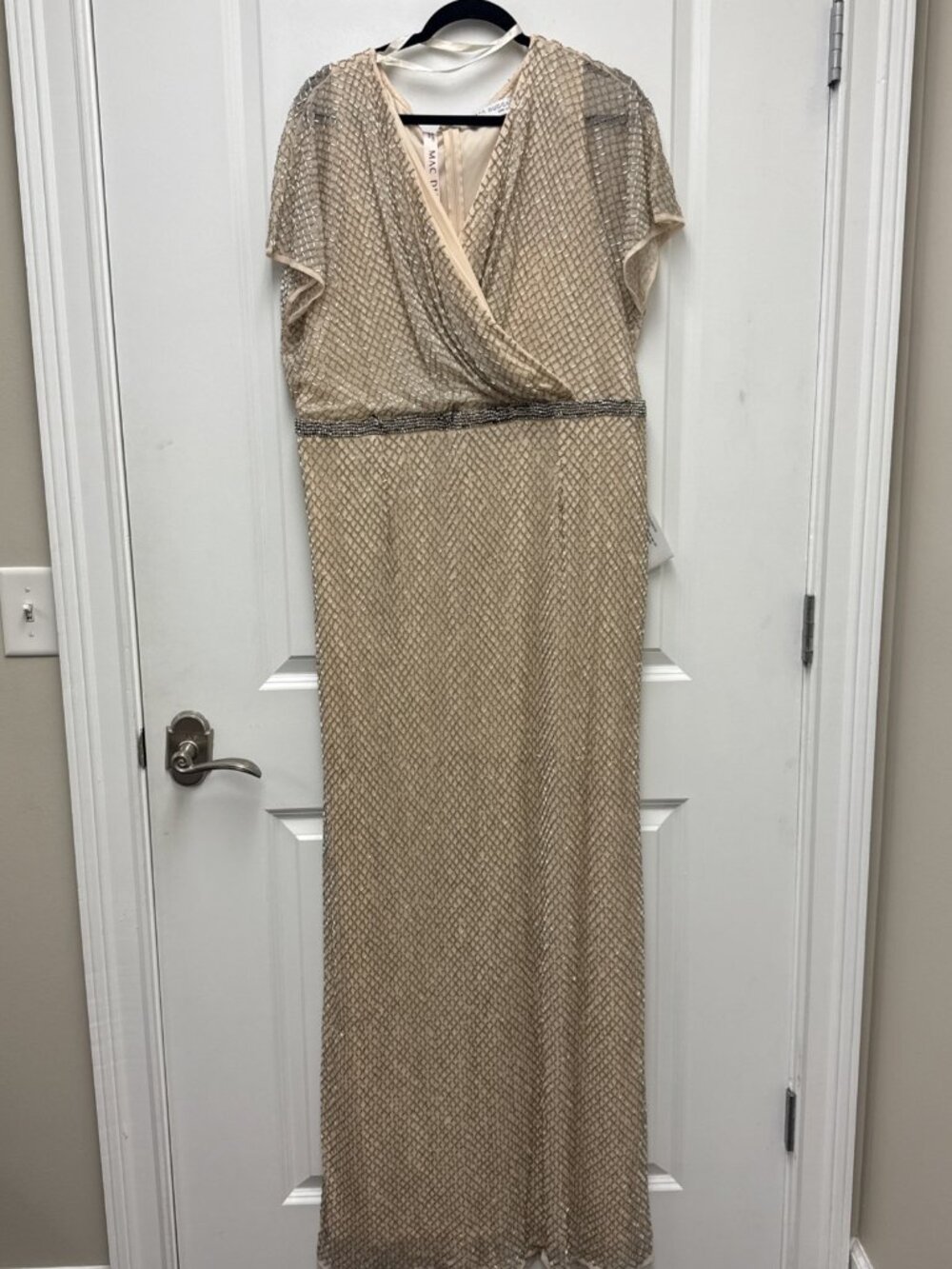 Mac Duggal Plus Size 20 Beige 93994 Beaded Wrap Short Sleeve Formal Gown Dress - Picture 3 of 10